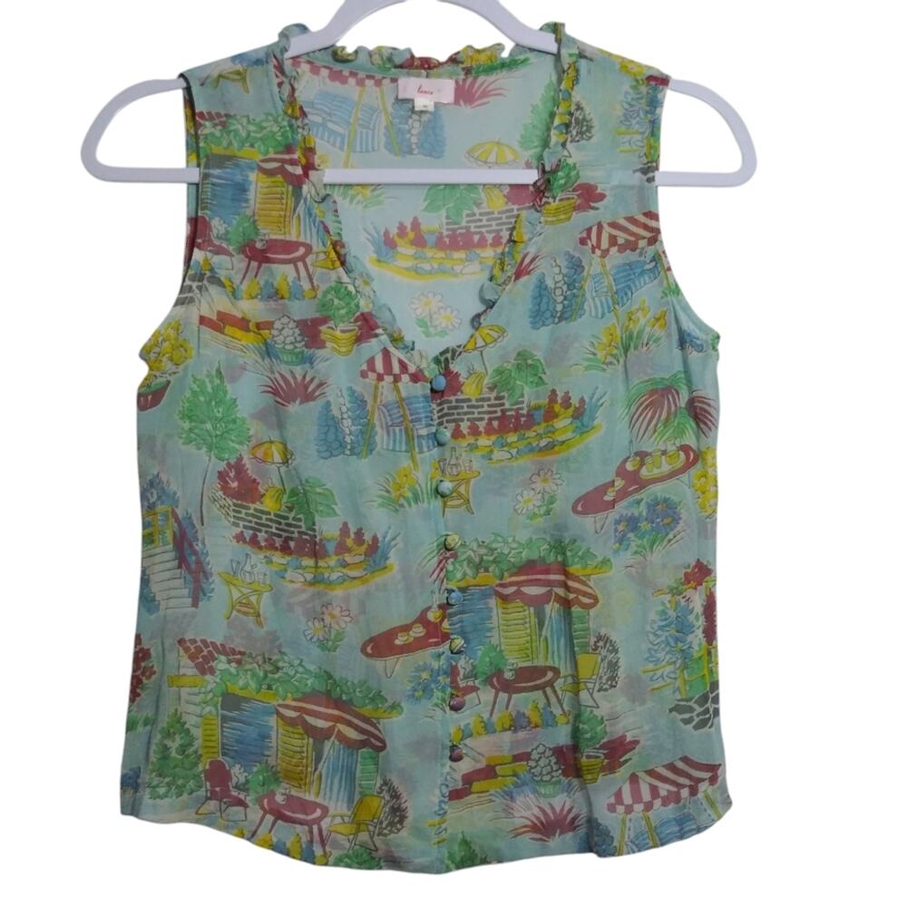 Lance Vintage Retro Novelty Silk Sleeveless Button Front Sheer Top Size 6